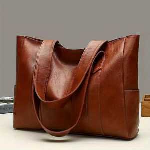 Sac fourre-tout décontracté en cuir véritable grande capacité avec fermeture éclair, bandoulière, style minimaliste, unisexe, usage quotidien, rivets tendance - Product Image 6