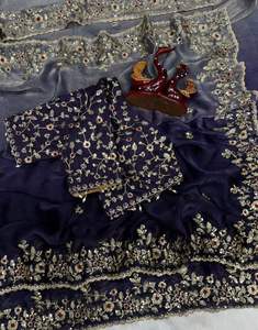 Sari en soie pour femme adulte avec rembourrage Crush Padding Space, orné de belles broderies et de paillettes, et chemisier en soie non cousu - Product Image 5