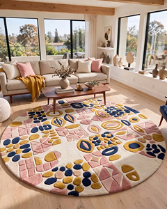 Tapis abstrait rectangulaire DECORDEC rose moutarde marine, 100% laine de Nouvelle-Zélande, motif galets organiques, blocs de mosaïque, antidérapant - Product Image 3