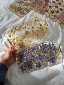 Floral Resin Tray with Gold Flake Handles | Pressed Flower <b>Trinket</b> Dish - Product Image 2