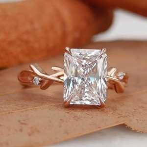 Anillo de Oro 14k con Diamante de Laboratorio Corte Radiante Inspirado en Ramas Naturales, Anillo de Promesa Certificado IGI para Mujer, Anillo de Boda de Lujo - Product Image 6