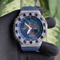 Montre chronographe de luxe pour homme, en acier inoxydable, sertie de diamants, mouvement à quartz, bracelet en caoutchouc bleu 20 mm, boîtier 46 mm, personnalisable