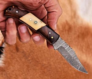 มีดพับเหล็กดามัสกัสเกรดอุตสาหกรรม Nordic Forge ด้ามไม้กระดูกและไม้พะยูง พร้อมปลอกมีด พกพาสะดวก EDC มีดล่าสัตว์ - Product Image 2