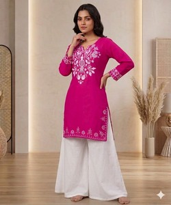 Kurta Rosa Vintage de Rayón Bordado con Pantalones Palazzo Blancos para Mujer, Estilo Holgado para Fiesta, India Pakistán SALASAR 85288 - Product Image 3