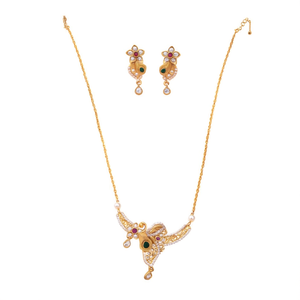 18K Gold Plated Zircon Mangalsutra Floral Pendant Necklace and Earring Set - Product Image 2