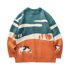 Pull en tricot à motif animalier, col rond, manches régulières, vêtements décontractés d'automne, pull en tricot pour homme - Product Image 1