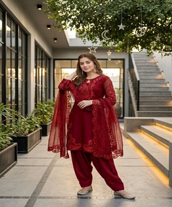 Red Embroidered Rayon Salwar Kameez With Dupatta Women Traditional Wedding Wear India Pakistan Style Loose Fit MT-1076 85247 - Product Image 2