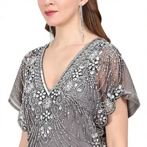 Elegant Grey V-Neck Embroidered Maxi <b>Dress</b> with Floral Beading A-Line Evening Gown Cap Sleeve Sheer Layer - Product Image 2