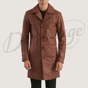 Manteau trench-coat en cuir véritable marron pour homme, coupe classique slim, long, chaud et doux pour l'hiver. - Product Image 1