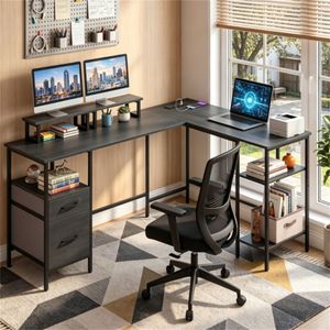 "L-Shaped Corner Desk with Reversible Monitor <b>Stand</b> Foldable Fabric Drawers 4-Position Adjustable Shelf <b>PC</b> Desk Compatibility" - Product Image 4