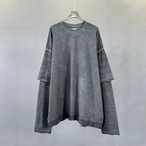 2 In1 Ripped Vintage Oversized Tee Sweatshirts Custom Men Vintage Distressed <b>Raw</b> Hem Double Layer Long Sleeve T Shirt Hoodies - Product Image 1