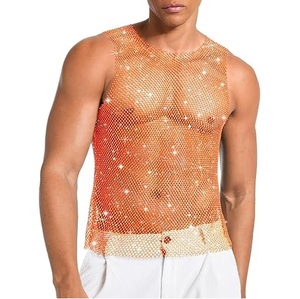Latest Design Trending Rhinestone Dot Pattern Sleeveless Sexy Outerwear Beach Mesh T-Shirts Fitness Distress <b>Fishnet</b> Tee Shirts - Product Image 1