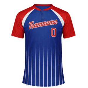 Maillot de baseball personnalisé sublimé pour homme, rayé bleu, rouge et blanc, manches courtes, anti-humidité, logo d'équipe, fermeture boutonnée sur le devant - Product Image 1