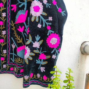 Premium Hand Embroidered Velvet Quilted <b>Jacket</b> Traditional Indian Suzani Style Women Luxury Black Floral Boho Coat Breathable - Product Image 4