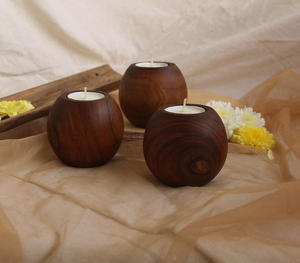 Handcrafted Set Of Three Spherical Globular Wooden <b>Tealight</b> Candle <b>Holders</b> Rustic Natural Wood Votive Stand For Home Decor - Product Image 5