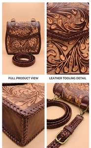 Sac à bandoulière portable en cuir véritable fait main, style vintage, avec boucle à motif floral en relief, pour usage quotidien - Product Image 3