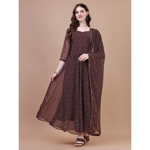 FANCY GEORGETTE BANDHANI PRINTED GOWN WITH DUPATTA BROWN - Product Image 1
