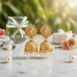 Gold Plated Religious Jumki Earrings with Freshwater Pearl for Gift - Product Image 3