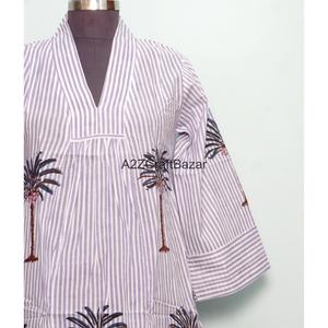 Vestido de algodón con estampado floral hecho a mano, vestido de manga tres cuartos, vestido largo de algodón con cuello en V, vestido largo de algodón para verano. - Product Image 2