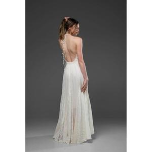 Elegante Vestido Largo de Encaje Blanco para Mujer, Cuello en V Profundo, Estilo Halter, Sin Mangas, Corte en A, Vestido de Fiesta Fluido - Product Image 5
