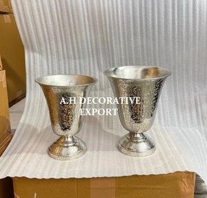 Silver Textured Metal Urn <b>Vases</b> Luxury Flared Pedestal Flower Pots <b>Set</b> of 2 Decorative Table Centerpieces for Weddings & Events - Product Image 3