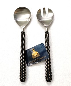 Ensemble de cuillères et fourchettes à salade en acier inoxydable de style minimaliste avec manche en rotin tressé, ustensiles de cuisine et décoration pour la maison - Product Image 4