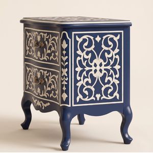 Mesita de Noche Azul Marino Moderna y Lujosa Hecha a Mano con 2 Cajones, Mesa Auxiliar con Incrustaciones de Hueso, Muebles Ecológicos para Dormitorio - Product Image 4