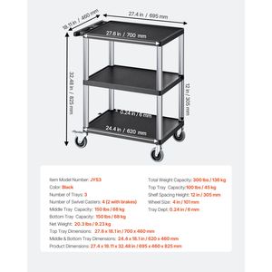 Carrello Multiuso Resistente con Capacità di Carico di 300 Libbre, Rotazione a 360 Gradi, 27,6 X 18,1 Pollici, Carrello di Servizio a Tre Ripiani - Product Image 3