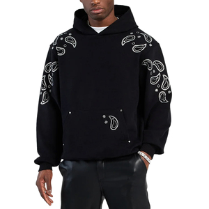 Sudadera con Capucha Negra Extra Grande para Hombre con Bordado Paisley Blanco, Estilo Urbano, Corte Regular, Tejido de Algodón, Ropa de Otoño - Product Image 5