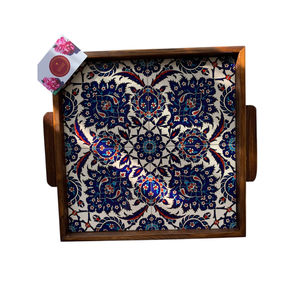 Plateau de service rond en bois de manguier marocain fait main avec poignées, motif floral sculpté Mogul, plateau décoratif pour table basse et boissons - Product Image 4