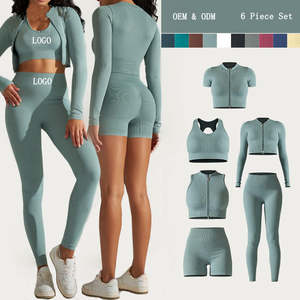 Ensemble 5 pièces de vêtements de sport sans coutures pour hommes : soutien-gorge de sport personnalisé, crop top, veste zippée, short taille haute, leggings, tenue d'entraînement personnalisable à l'avant - Product Image 1