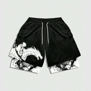 <b>Men's</b> Black Drawstring <b>Shorts</b> With <b>White</b> Screen Print Quick Dry Casual Knitted Fashion <b>Shorts</b> - Product Image 1