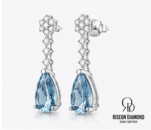 18K White Gold Sky <b>Blue</b> Gemstone Drop <b>Earrings</b> Pear Shape Diamond <b>Studded</b> Floral Top Bridal Wedding Luxury Fashion Jewelry - Product Image 3