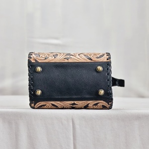 Bolso de Mano de Cuero Genuino de Lujo con Patrón Floral en Relieve, Panel de Tablero de Ajedrez, Cierre de Cremallera, Asa Superior Premium, Mini Bolsos de Mano - Product Image 3