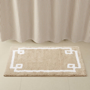 Alfombra de baño beige de diseño griego, suave y felpuda, con elegante borde blanco, absorbente, ideal para el baño. - Product Image 3