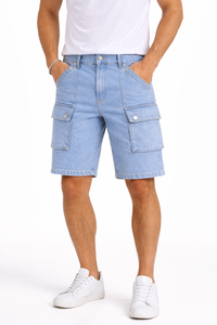 Shorts cargo en jean pour hommes, délavé clair, style streetwear décontracté, multi-poches, coupe ample, en coton, pour l'été, vente en gros - Product Image 4