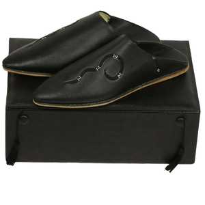 Babouches marocaines en cuir véritable Biyadina pour hommes, décorées de Sarma, noires - Product Image 3