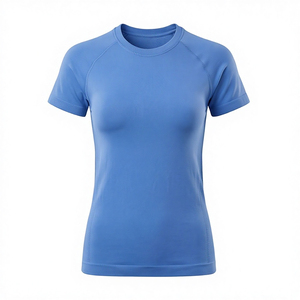 Camiseta de Manga Corta con Cuello Redondo para Mujer, Corte Regular, Color Azul Sólido, Secado Rápido, Ligera, de Jersey de Algodón/Fibra de Bambú, Informal, para Primavera - Product Image 6