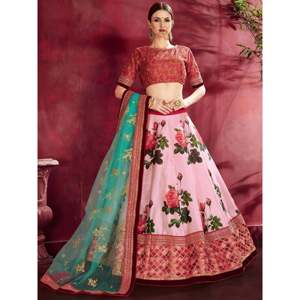 Lehenga Choli de Seda Bordada en Tallas Grandes en un Atractivo Color Rosa para Bodas - Product Image 4