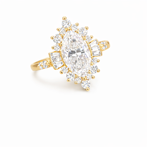 Bague de cocktail de luxe en or pur 14 carats avec diamants de laboratoire marquise et baguette, ensemble de mariage bypass, bague statement pour femme - Product Image 2