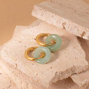 <b>Gold</b> Hoop <b>Earrings</b> with Green Jade Donut Charm Minimalist <b>Dangle</b> Boho Chic Jewelry Gift for Women - Product Image 3