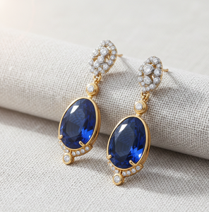 Boucles d'oreilles Blue Hydro & CZ |   Pierre précieuse ovale en argent sterling 925 plaqué or 18 carats |   Boucles d'oreilles pendantes Statement de 5 pouces et 13g |   Cadeau pour elle - Product Image 1