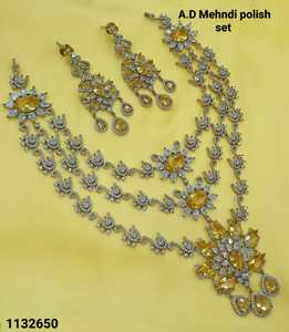 Elegant Floral American Diamond Bridal Jewelry Set Yellow Crystal 3 Layer <b>Necklace</b> and <b>Statement</b> Earrings in Mehndi Finish - Product Image 3
