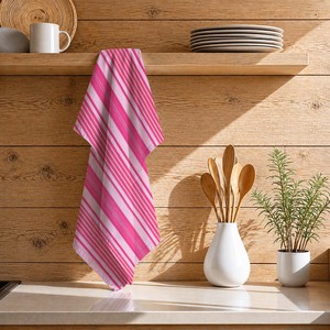 Serviettes de cuisine modernes à rayures teintes en fil, en provenance d'Inde, couleur rose, pour usage en cuisine, au meilleur prix - Product Image 1
