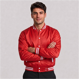 Veste de sport en satin rouge pour homme avec bordure blanche, fermeture à boutons, vêtement décontracté pour l'automne - Product Image 3