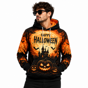Sweat à capuche unisexe personnalisé 3D Happy Halloween Pumpkin, pull à sublimation avec motif Lune et Château, en polyester, style streetwear - Product Image 1