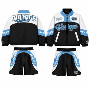 Custom Mens Nylon Short <b>Set</b> Streetwear Loose Fit <b>Embroidery</b> Color Block Windbreaker Zipper Jacket and Drawstring Shorts <b>Set</b> OEM - Product Image 1