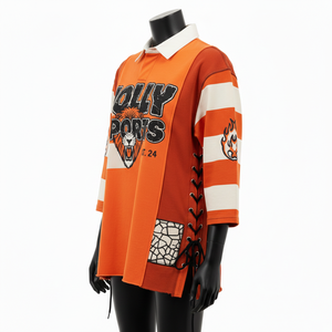 Chemise de rugby pour femme en coton épais de qualité supérieure, manches rayées orange, empiècements latéraux en dentelle, logo personnalisé imprimé à l'écran. Chemise de rugby pour femme en coton. - Product Image 4