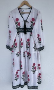 Vestido Maxi de Algodón con Estampado Floral Blanco y Rosa para Mujer, Manga Corta, Cuello Redondo, Silueta en A, Decoración de Encaje, Lavable, Ropa de Verano - Product Image 1