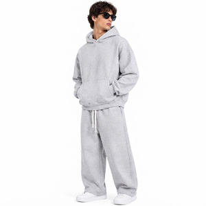 Ensemble de survêtement gris à capuche anti-plis pour homme, manches longues, couleur unie, coupe décontractée, pantalon à cordon de serrage, 100 % coton, automne - Product Image 2